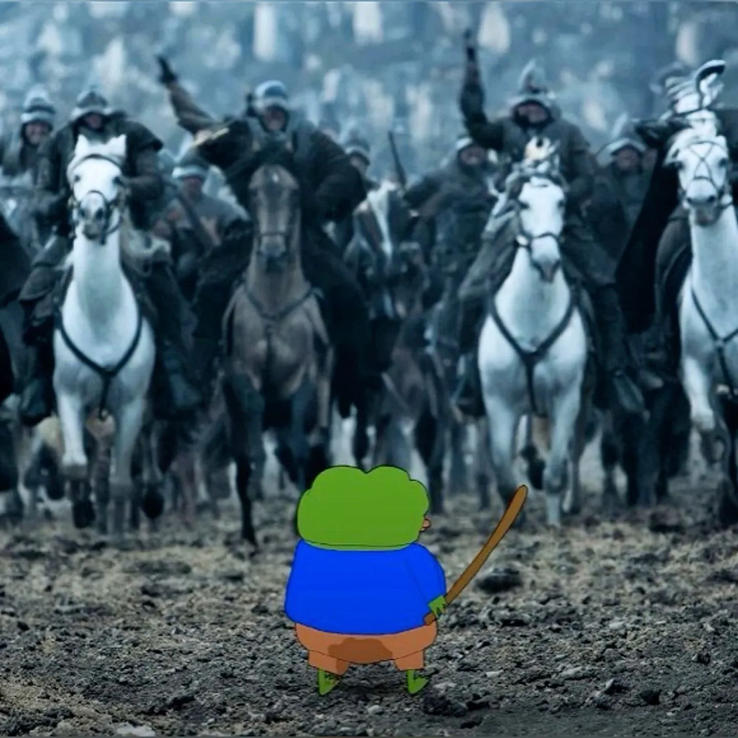A small Pepe holding a sword, alone, facing a charging cavalry.