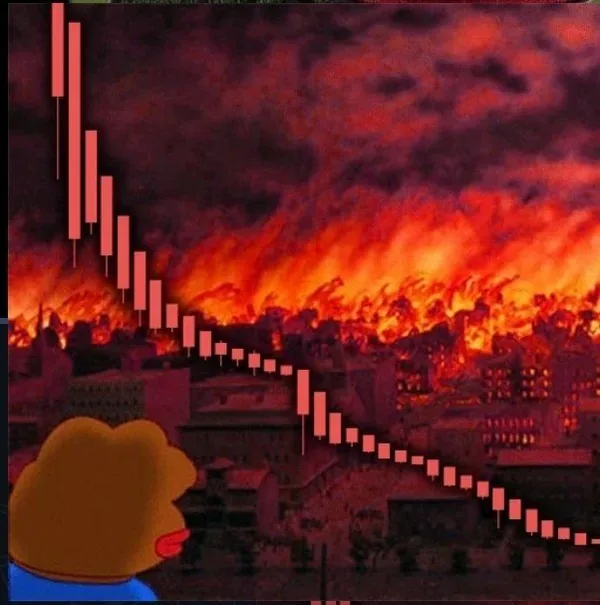 A red price chart plunging into a city on fire, with Pepe in the corner watching.
