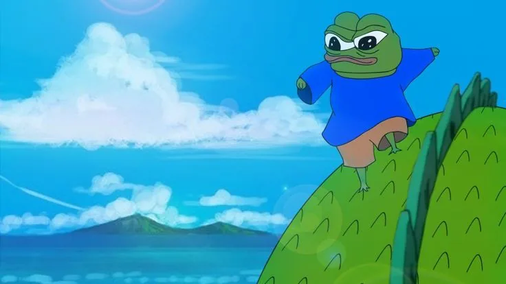 Pepe running down a green hill under a blue sky.