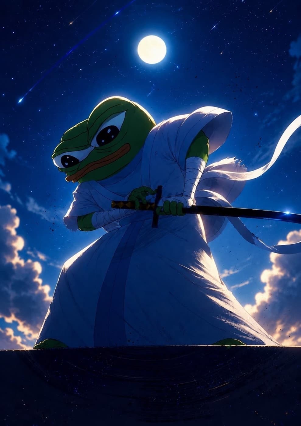 Pepe in white robes drawing a katana under a full moon.