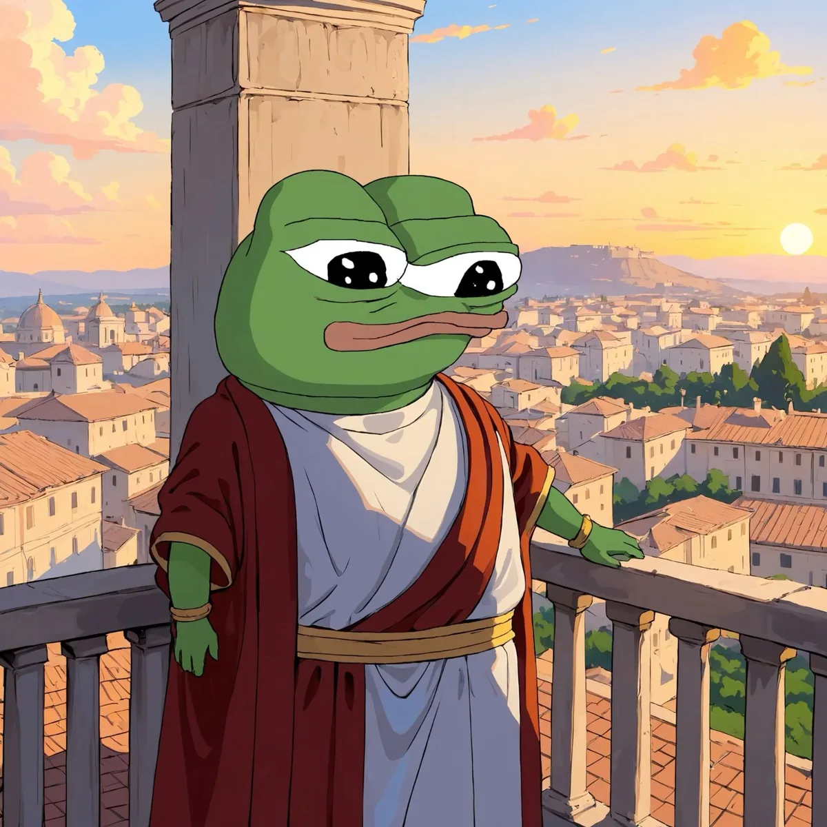 Pepe in a Roman toga on a balcony over a sunlit city.