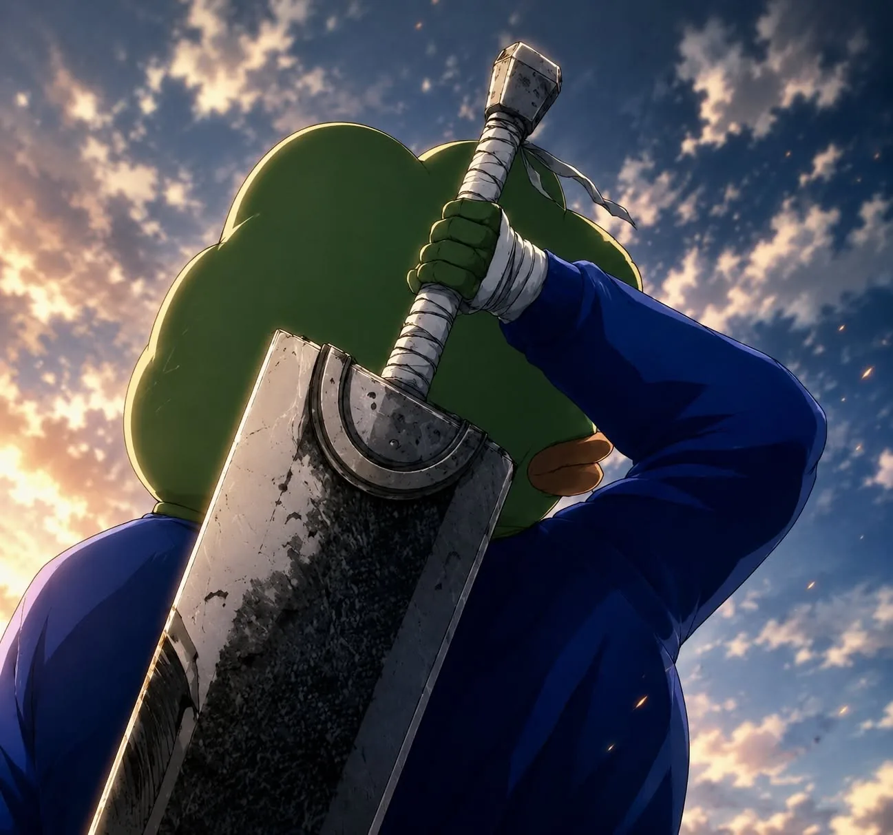 Pepe seen from behind, a greatsword strapped to his back, looking at a sunset sky.