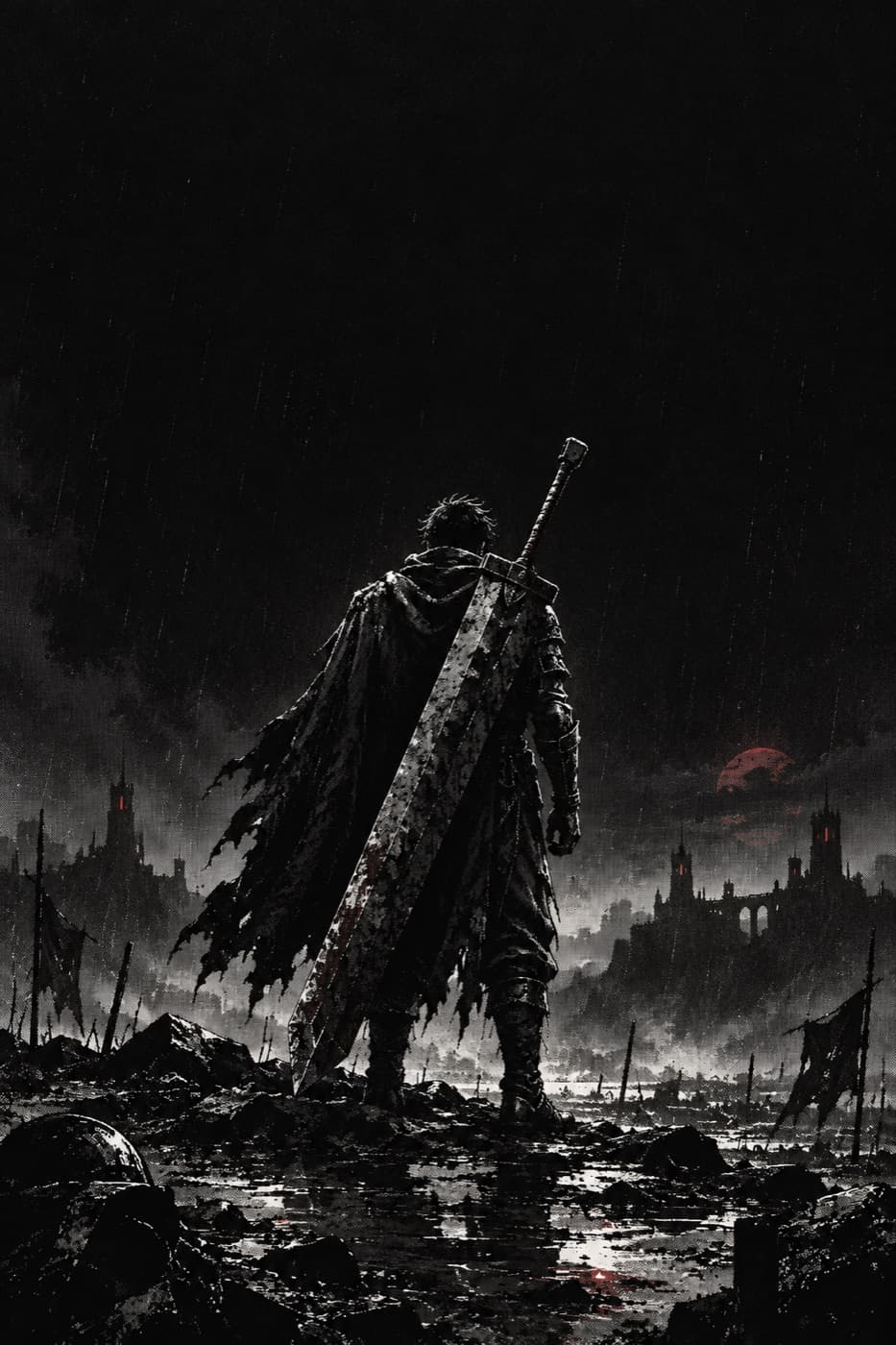 A lone swordsman seen from behind, a greatsword on his back, walking through a burned city at night.